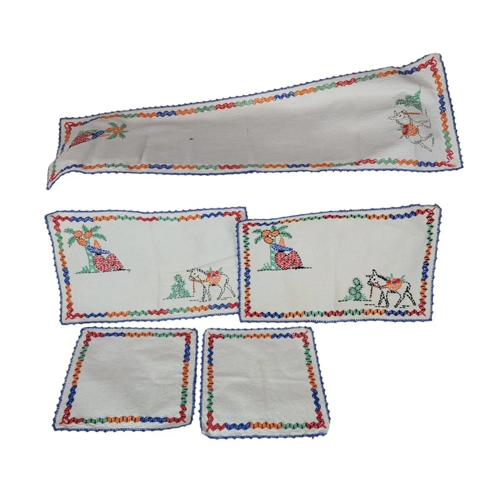 Vintage Mexican Hand Embroidered Table Linen Set 5pc Siesta Donkey Folk Art